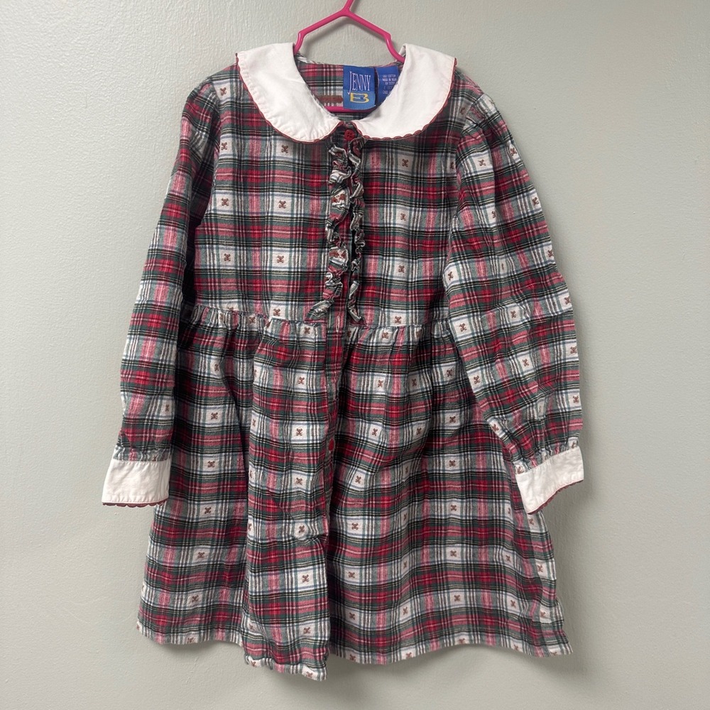 Jenny B Girls Red Green Plaid Teddy Bear Dress Peter Pan Collar Vintage Size 6X